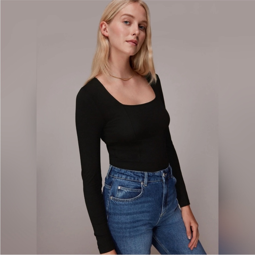 Whistles Square Neck Long Sleeve Top Size Small Black viscose minimalist neutral